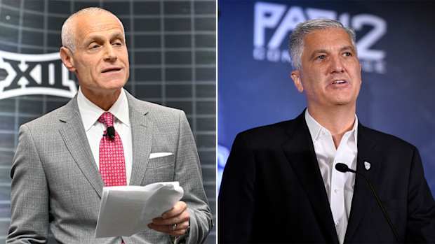 Big 12 commissioner Brett Yormark and Pac-12 commissioner George Kliavkoff.